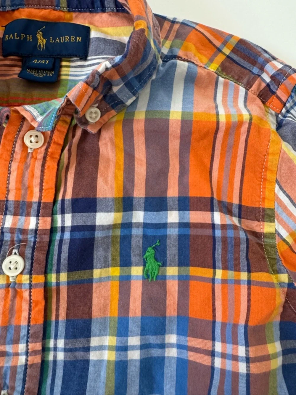 Ralph Lauren Boys Plaid Shirt Orange Blue Button Down Cotton 4T classic luxury